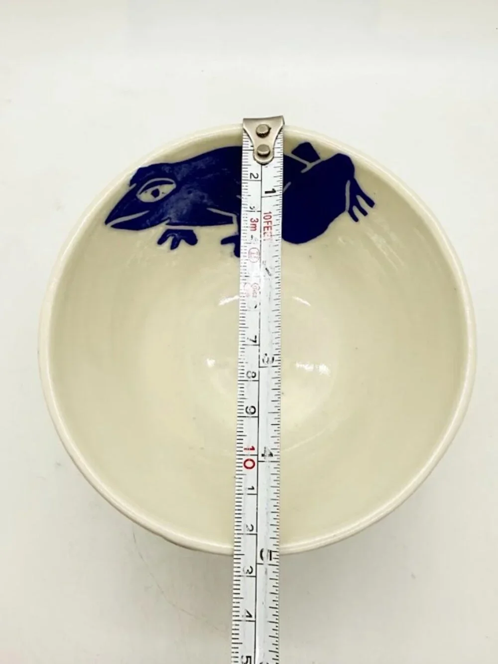 Karis Swink Barry Art Pottery Signed Blue Frog Soup Cereal Bowl Sgraffito Style